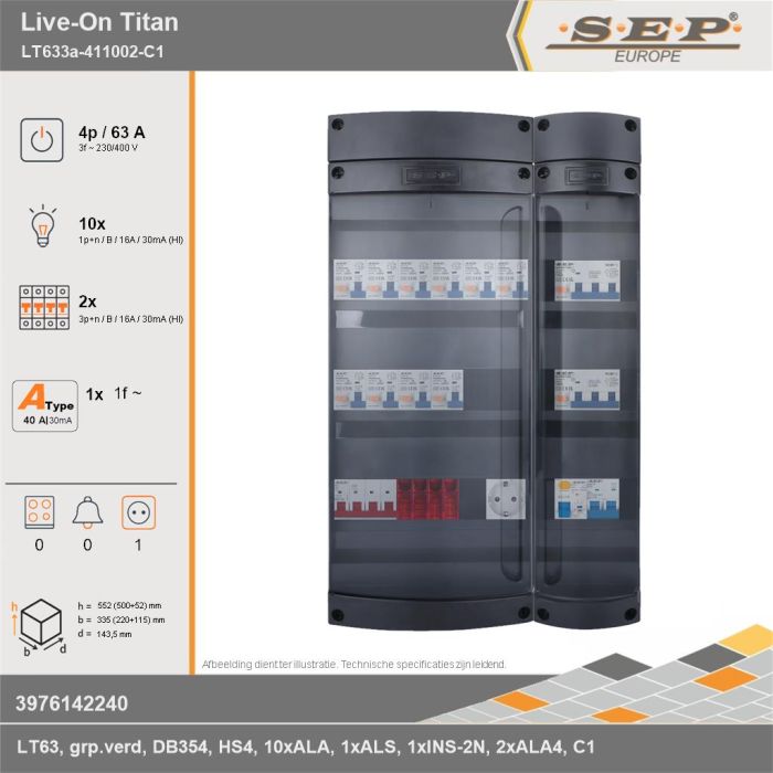 SEP Europe - Live-On Titan, LT633a-411002-FC1, 63A, 3-fase groepenkast, 10-lichtgroepen, 2-krachtgroepen, 1-fornuisgroep,  1V-contactdoos, technische gegevens