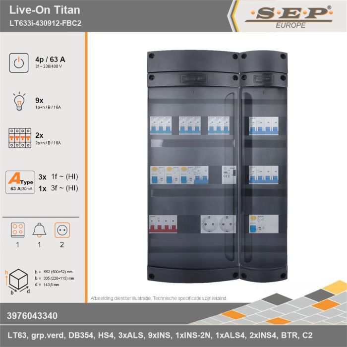 SEP Europe - Live-On Titan, LT633i-430912-FBC2, 63A, 3-fase groepenkast, 9-lichtgroepen, 2-krachtgroepen, 1-fornuisgroep, 1-beltrafo,  2V-contactdoos, technische gegevens