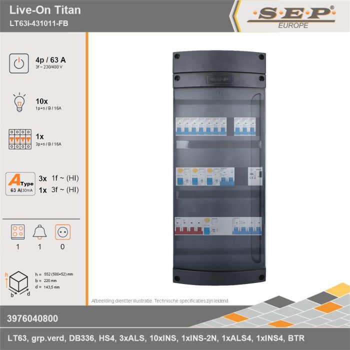 SEP Europe - Live-On Titan, LT63i-431011-FB, 63A, 3-fase groepenkast, 10-lichtgroepen, 1-krachtgroepen, 1-fornuisgroep, 1-beltrafo, technische gegevens