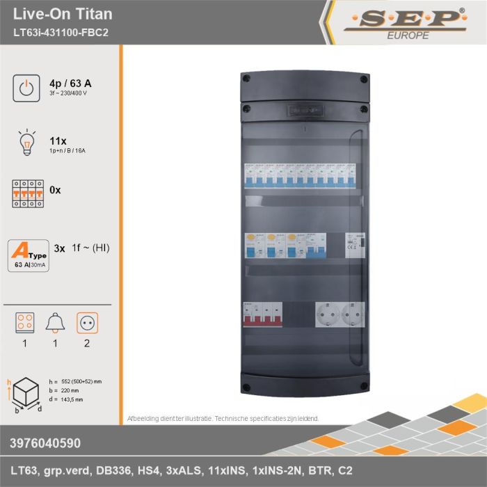 SEP Europe - Live-On Titan, LT63i-431100-FBC2, 63A, 3-fase groepenkast, 11-lichtgroepen, 1-fornuisgroep, 1-beltrafo,  2V-contactdoos, technische gegevens