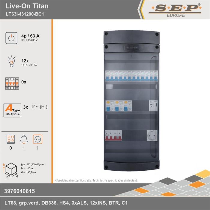 SEP Europe - Live-On Titan, LT63i-431200-BC1, 63A, 3-fase groepenkast, 12-lichtgroepen, 1-beltrafo,  1V-contactdoos, technische gegevens