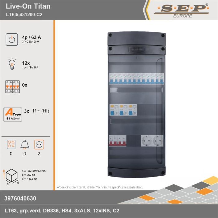 SEP Europe - Live-On Titan, LT63i-431200-C2, 63A, 3-fase groepenkast, 12-lichtgroepen,  2V-contactdoos, technische gegevens