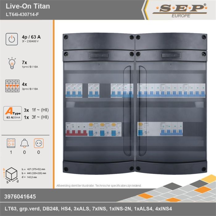 SEP Europe - Live-On Titan, LT64i-430714-F, 63A, 3-fase groepenkast, 7-lichtgroepen, 4-krachtgroepen, 1-fornuisgroep, technische gegevens