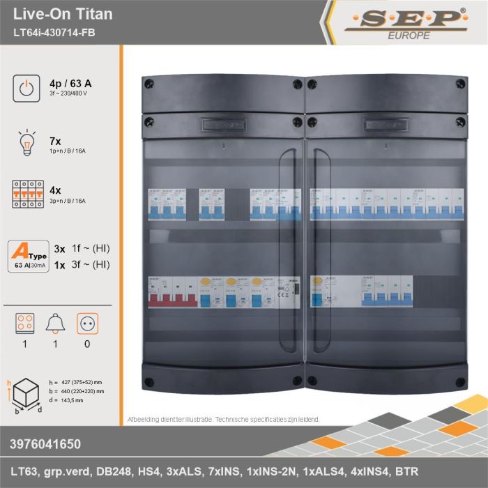 SEP Europe - Live-On Titan, LT64i-430714-FB, 63A, 3-fase groepenkast, 7-lichtgroepen, 4-krachtgroepen, 1-fornuisgroep, 1-beltrafo, technische gegevens