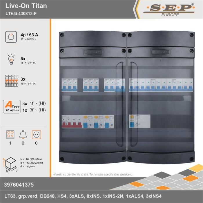 SEP Europe - Live-On Titan, LT64i-430813-F, 63A, 3-fase groepenkast, 8-lichtgroepen, 3-krachtgroepen, 1-fornuisgroep, technische gegevens