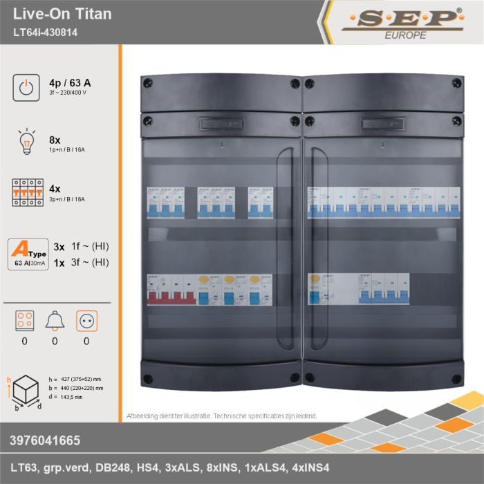 SEP Europe - Live-On Titan, LT64i-430814, 63A, 3-fase groepenkast, 8-lichtgroepen, 4-krachtgroepen, technische gegevens