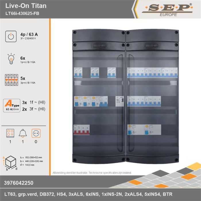 SEP Europe - Live-On Titan, LT66i-430625-FB, 63A, 3-fase groepenkast, 6-lichtgroepen, 5-krachtgroepen, 1-fornuisgroep, 1-beltrafo, technische gegevens