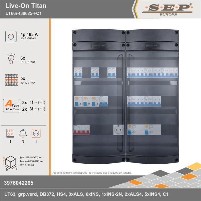 SEP Europe - Live-On Titan, LT66i-430625-FC1, 63A, 3-fase groepenkast, 6-lichtgroepen, 5-krachtgroepen, 1-fornuisgroep,  1V-contactdoos, technische gegevens