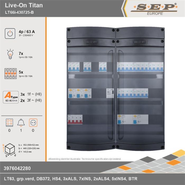 SEP Europe - Live-On Titan, LT66i-430725-B, 63A, 3-fase groepenkast, 7-lichtgroepen, 5-krachtgroepen, 1-beltrafo, technische gegevens
