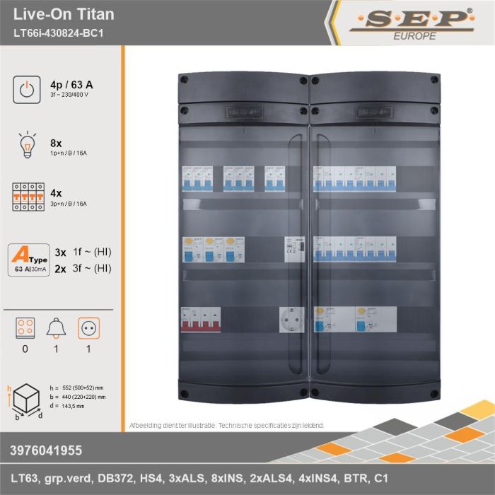 SEP Europe - Live-On Titan, LT66i-430824-BC1, 63A, 3-fase groepenkast, 8-lichtgroepen, 4-krachtgroepen, 1-beltrafo,  1V-contactdoos, technische gegevens