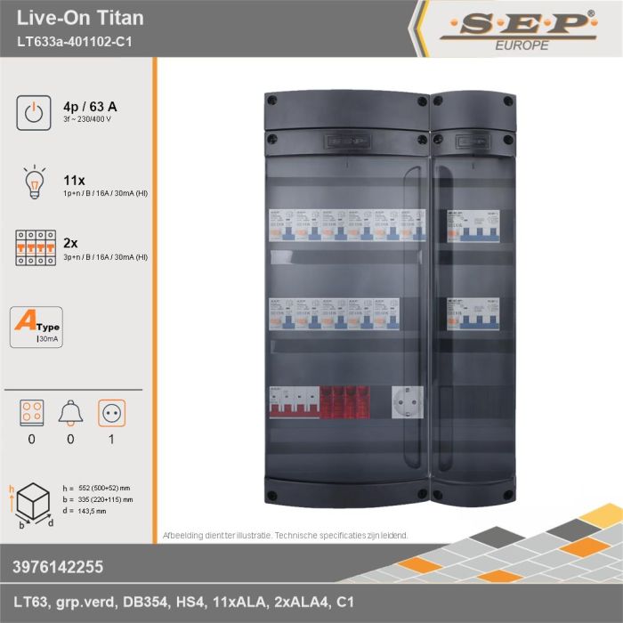 SEP Europe - Live-On Titan, LT633a-401102-C1, 63A, 3-fase groepenkast, 11-lichtgroepen, 2-krachtgroepen,  1V-contactdoos, technische gegevens