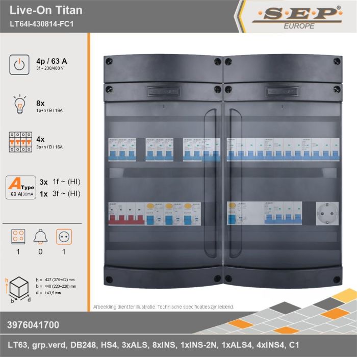SEP Europe - Live-On Titan, LT64i-430814-FC1, 63A, 3-fase groepenkast, 8-lichtgroepen, 4-krachtgroepen, 1-fornuisgroep,  1V-contactdoos, technische gegevens