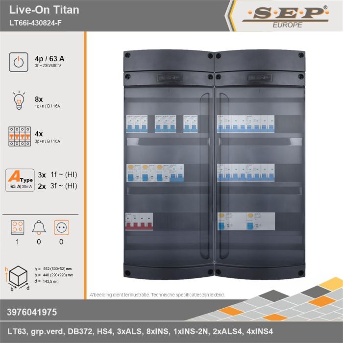 SEP Europe - Live-On Titan, LT66i-430824-F, 63A, 3-fase groepenkast, 8-lichtgroepen, 4-krachtgroepen, 1-fornuisgroep, technische gegevens