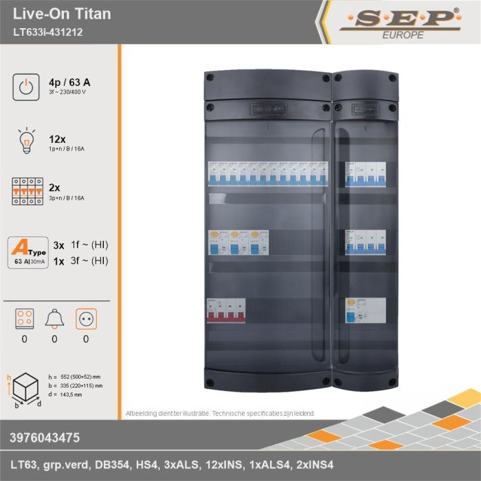 SEP Europe - Live-On Titan, LT633i-431212, 63A, 3-fase groepenkast, 12-lichtgroepen, 2-krachtgroepen, technische gegevens