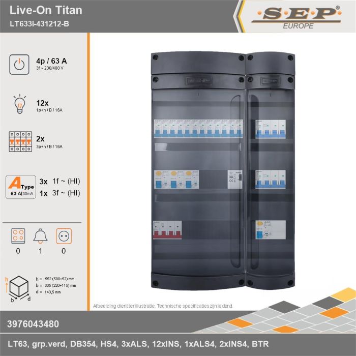 SEP Europe - Live-On Titan, LT633i-431212-B, 63A, 3-fase groepenkast, 12-lichtgroepen, 2-krachtgroepen, 1-beltrafo, technische gegevens