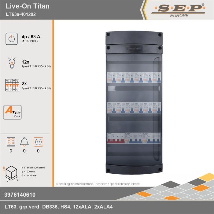 SEP Europe - Live-On Titan, LT63a-401202, 63A, 3-fase groepenkast, 12-lichtgroepen, 2-krachtgroepen, technische gegevens