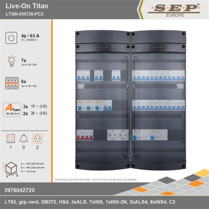 SEP Europe - Live-On Titan, LT66i-430726-FC2, 63A, 3-fase groepenkast, 7-lichtgroepen, 6-krachtgroepen, 1-fornuisgroep,  2V-contactdoos, technische gegevens