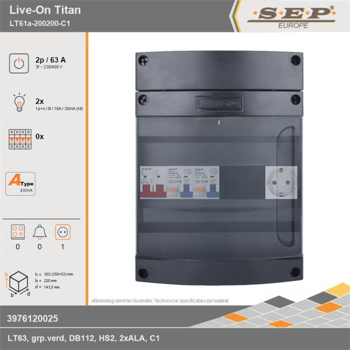 SEP Europe - Live-On Titan, LT61a-200200-C1, 63A, 3-fase groepenkast, 2-lichtgroepen,  1V-contactdoos, technische gegevens