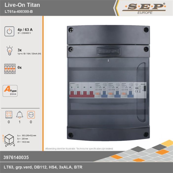 SEP Europe - Live-On Titan, LT61a-400300-B, 63A, 3-fase groepenkast, 3-lichtgroepen, 1-beltrafo, technische gegevens