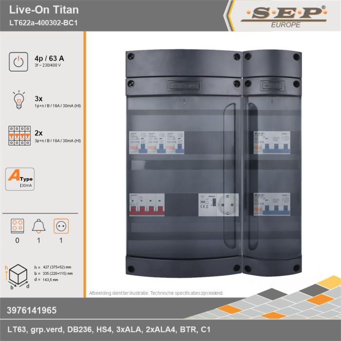SEP Europe - Live-On Titan, LT622a-400302-BC1, 63A, 3-fase groepenkast, 3-lichtgroepen, 2-krachtgroepen, 1-beltrafo,  1V-contactdoos, technische gegevens