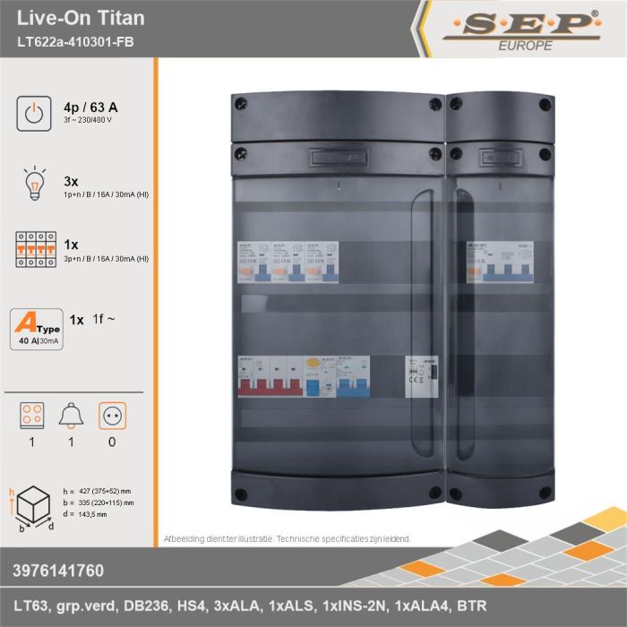 SEP Europe - Live-On Titan, LT622a-410301-FB, 63A, 3-fase groepenkast, 3-lichtgroepen, 1-krachtgroepen, 1-fornuisgroep, 1-beltrafo, technische gegevens