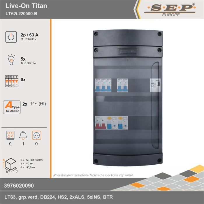 SEP Europe - Live-On Titan, LT62i-220500-B, 63A, 3-fase groepenkast, 5-lichtgroepen, 1-beltrafo, technische gegevens