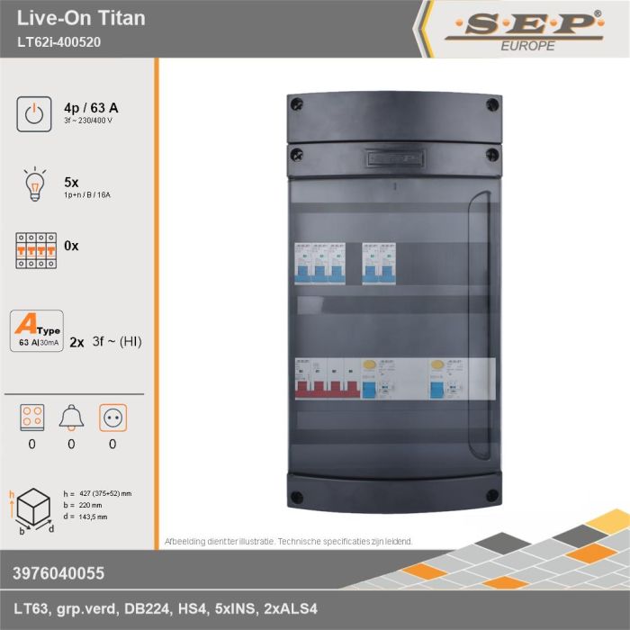 SEP Europe - Live-On Titan, LT62i-400520, 63A, 3-fase groepenkast, 5-lichtgroepen, technische gegevens