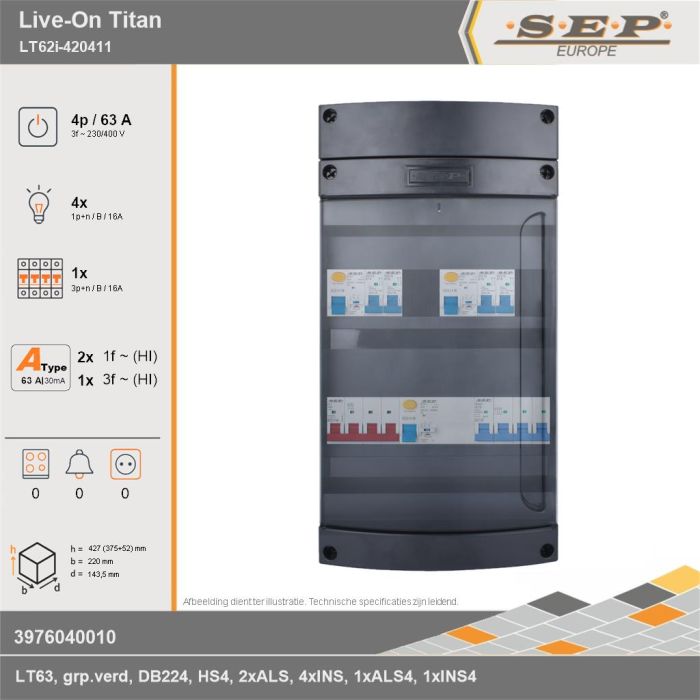 SEP Europe - Live-On Titan, LT62i-420411, 63A, 3-fase groepenkast, 4-lichtgroepen, 1-krachtgroepen, technische gegevens