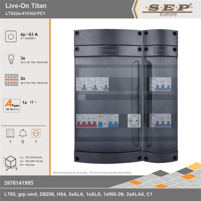 SEP Europe - Live-On Titan, LT622a-410302-FC1, 63A, 3-fase groepenkast, 3-lichtgroepen, 2-krachtgroepen, 1-fornuisgroep,  1V-contactdoos, technische gegevens