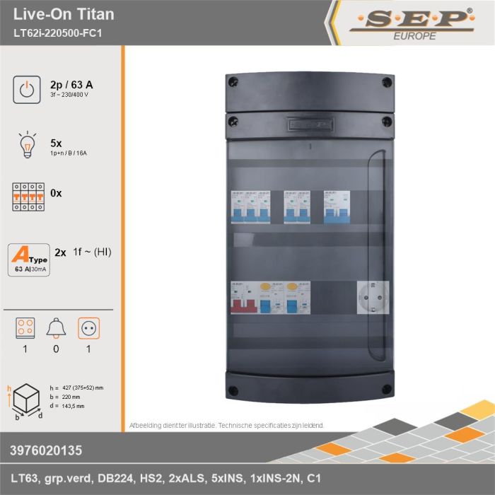 SEP Europe - Live-On Titan, LT62i-220500-FC1, 63A, 3-fase groepenkast, 5-lichtgroepen, 1-fornuisgroep,  1V-contactdoos, technische gegevens