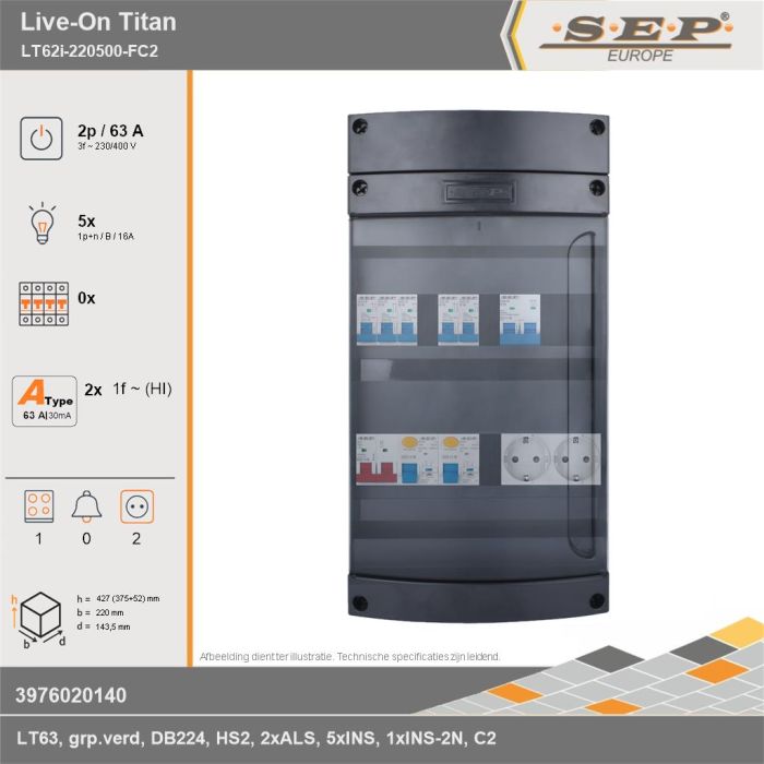 SEP Europe - Live-On Titan, LT62i-220500-FC2, 63A, 3-fase groepenkast, 5-lichtgroepen, 1-fornuisgroep,  2V-contactdoos, technische gegevens