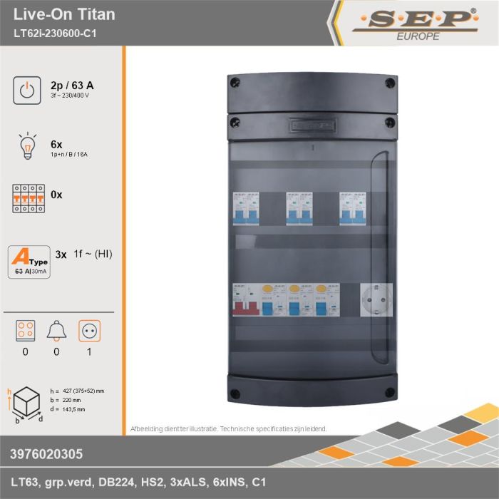 SEP Europe - Live-On Titan, LT62i-230600-C1, 63A, 3-fase groepenkast, 6-lichtgroepen,  1V-contactdoos, technische gegevens