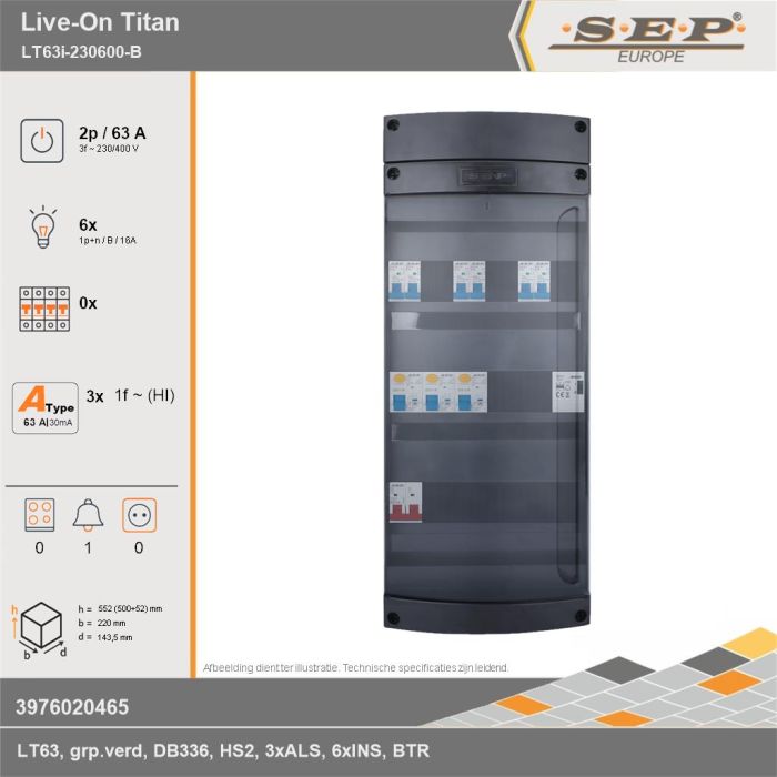 SEP Europe - Live-On Titan, LT63i-230600-B, 63A, 3-fase groepenkast, 6-lichtgroepen, 1-beltrafo, technische gegevens