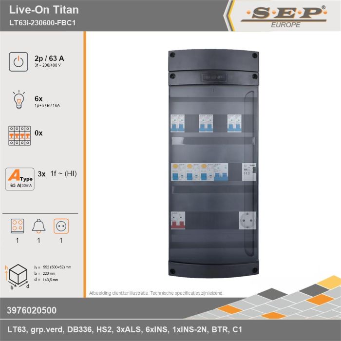 SEP Europe - Live-On Titan, LT63i-230600-FBC1, 63A, 3-fase groepenkast, 6-lichtgroepen, 1-fornuisgroep, 1-beltrafo,  1V-contactdoos, technische gegevens