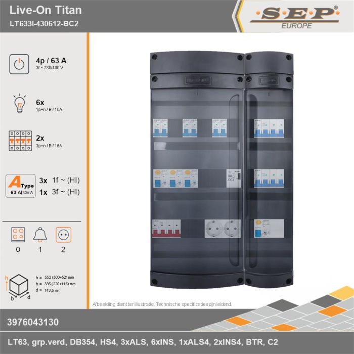 SEP Europe - Live-On Titan, LT633i-430612-BC2, 63A, 3-fase groepenkast, 6-lichtgroepen, 2-krachtgroepen, 1-beltrafo,  2V-contactdoos, technische gegevens