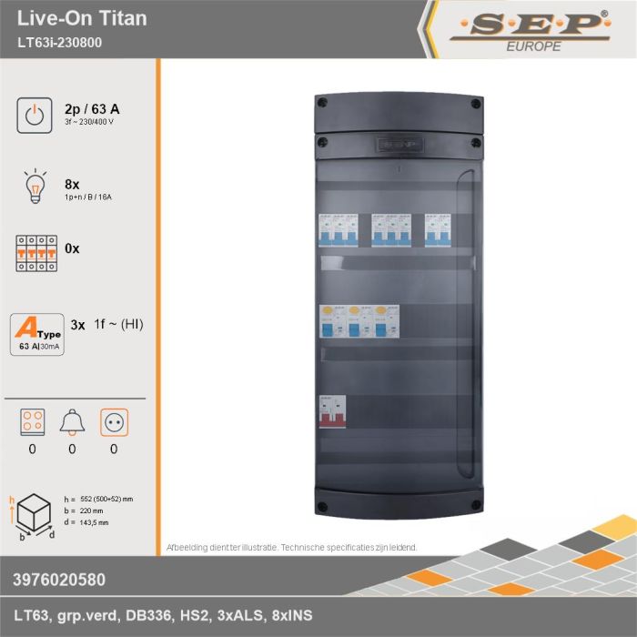 SEP Europe - Live-On Titan, LT63i-230800, 63A, 3-fase groepenkast, 8-lichtgroepen, technische gegevens