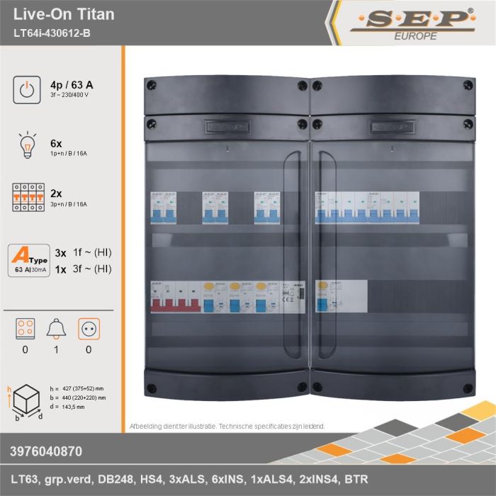 SEP Europe - Live-On Titan, LT64i-430612-B, 63A, 3-fase groepenkast, 6-lichtgroepen, 2-krachtgroepen, 1-beltrafo, technische gegevens