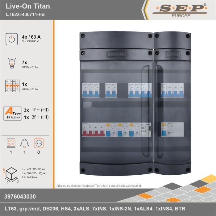 SEP Europe - Live-On Titan, LT622i-430711-FB, 63A, 3-fase groepenkast, 7-lichtgroepen, 1-krachtgroepen, 1-fornuisgroep, 1-beltrafo, technische gegevens
