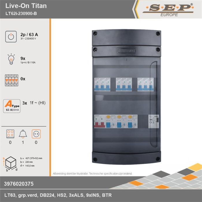 SEP Europe - Live-On Titan, LT62i-230900-B, 63A, 3-fase groepenkast, 9-lichtgroepen, 1-beltrafo, technische gegevens