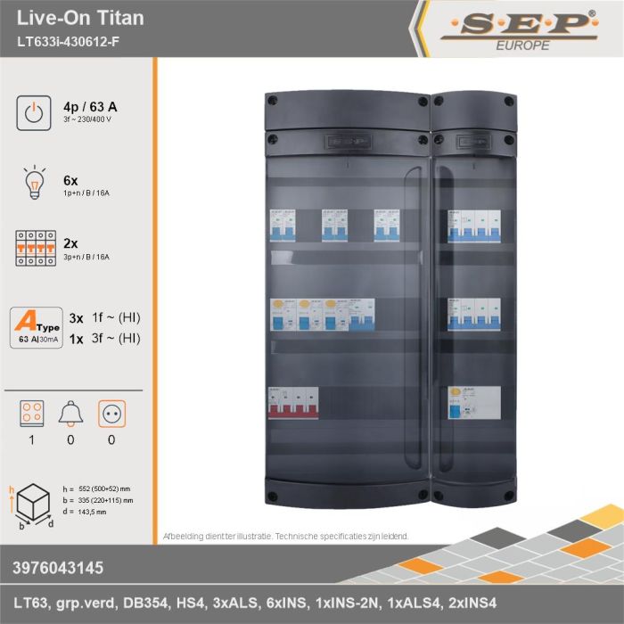 SEP Europe - Live-On Titan, LT633i-430612-F, 63A, 3-fase groepenkast, 6-lichtgroepen, 2-krachtgroepen, 1-fornuisgroep, technische gegevens