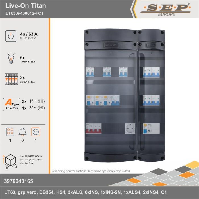 SEP Europe - Live-On Titan, LT633i-430612-FC1, 63A, 3-fase groepenkast, 6-lichtgroepen, 2-krachtgroepen, 1-fornuisgroep,  1V-contactdoos, technische gegevens