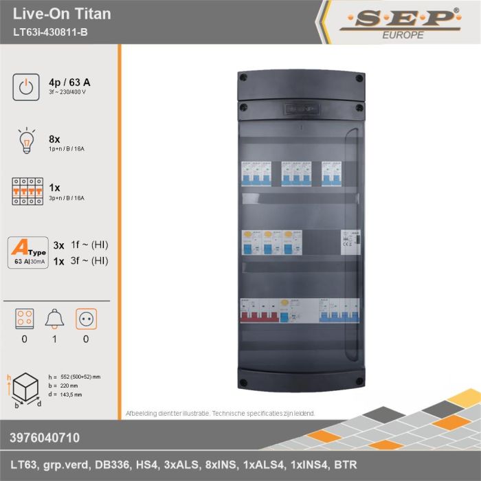 SEP Europe - Live-On Titan, LT63i-430811-B, 63A, 3-fase groepenkast, 8-lichtgroepen, 1-krachtgroepen, 1-beltrafo, technische gegevens