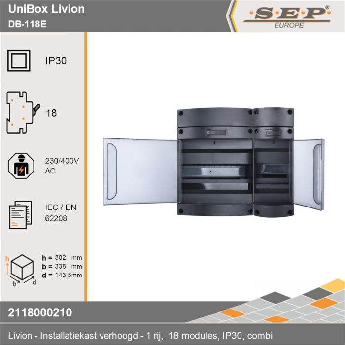 SEP Livion DB-118E groepenkast met transparante deur en voorzien van technische gegevens