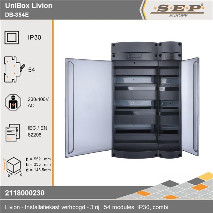 SEP Livion DB-354E groepenkast met transparante deur en voorzien van technische gegevens