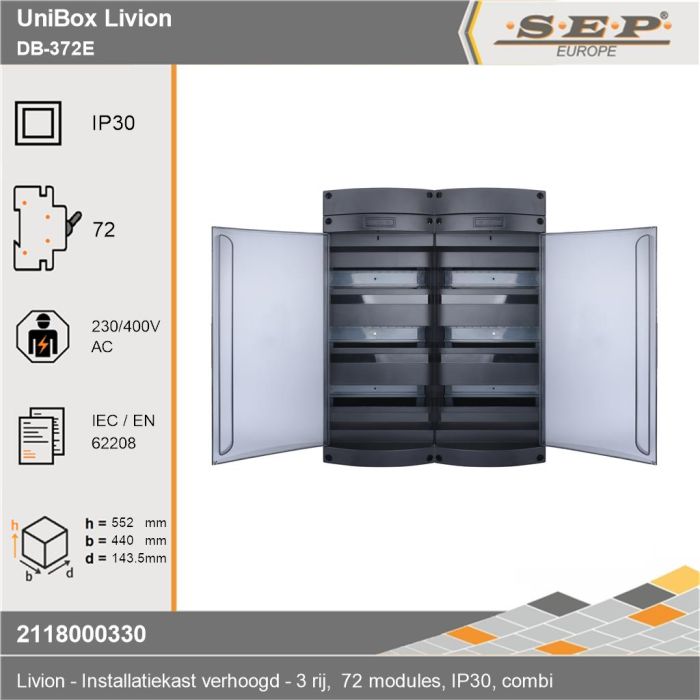 SEP Livion DB-372E groepenkast met transparante deur en voorzien van technische gegevens
