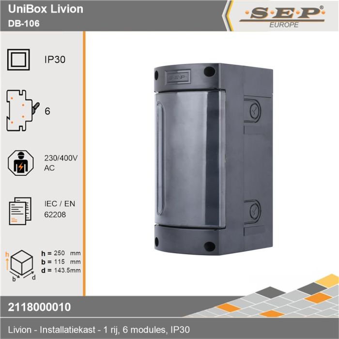 SEP Livion DB-106 groepenkast met transparante deur en voorzien van technische gegevens