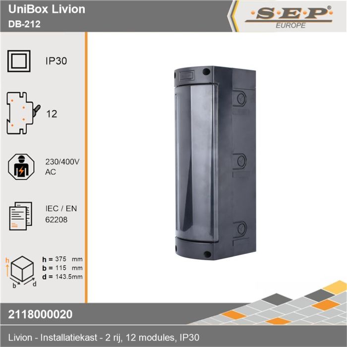 SEP Livion DB-212 groepenkast met transparante deur en voorzien van technische gegevens
