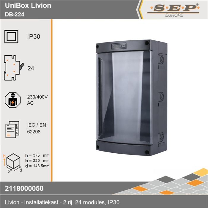 SEP Livion DB-224 groepenkast met transparante deur en voorzien van technische gegevens