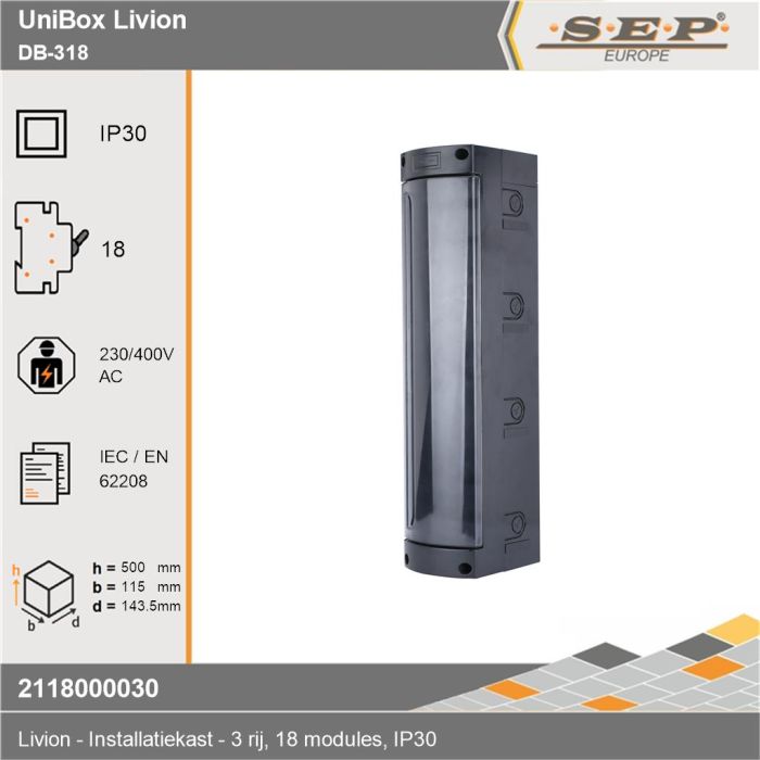 SEP Livion DB-318 groepenkast met transparante deur en voorzien van technische gegevens