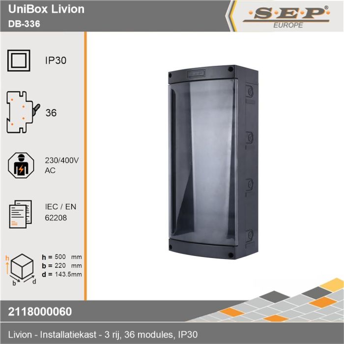 SEP Livion DB-336 groepenkast met transparante deur en voorzien van technische gegevens